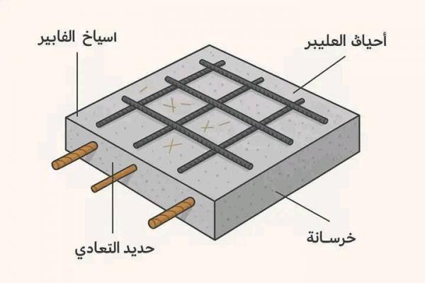  فكرة أسياخ الفايبر (GFRP Bars) مع ألياف الفايبر (Fiber Mesh) داخل الخرسانة،
